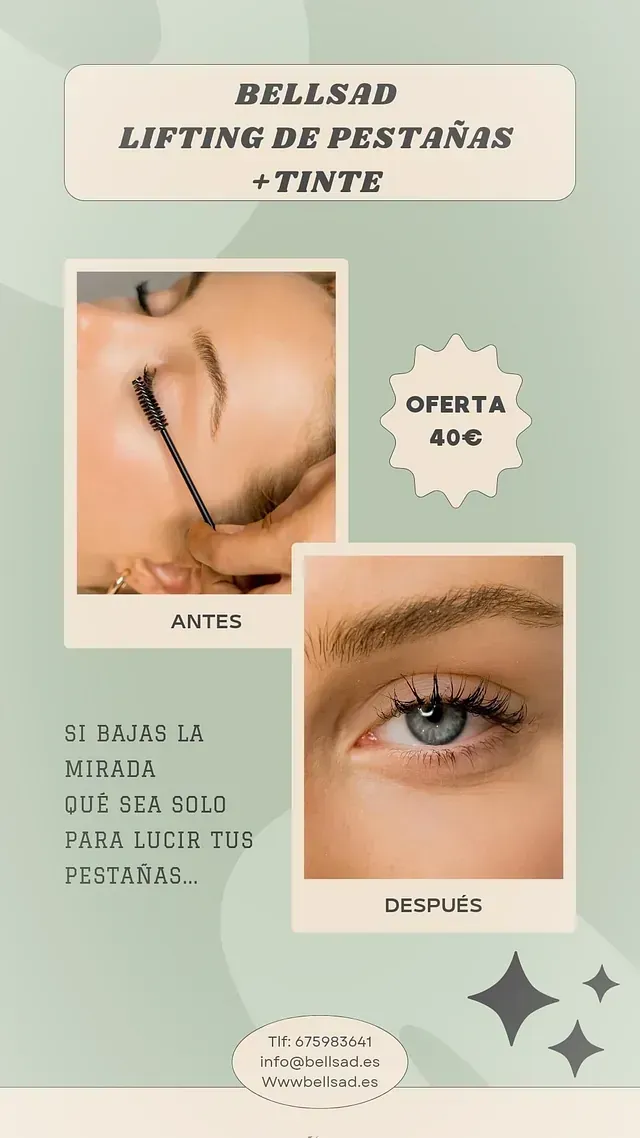 Ad for eyelash lifting and tinting: Before/after photos, offer for 40€. Text: 