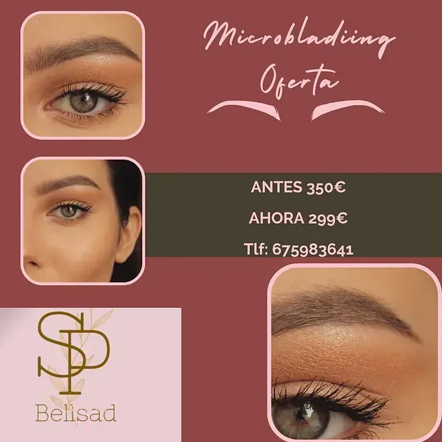 Oferta de microblading: Antes 350 €, ahora 299 €. Mujer morena con ojos maquillados. Teléfono: 675983641. Logotipo de Belisad.