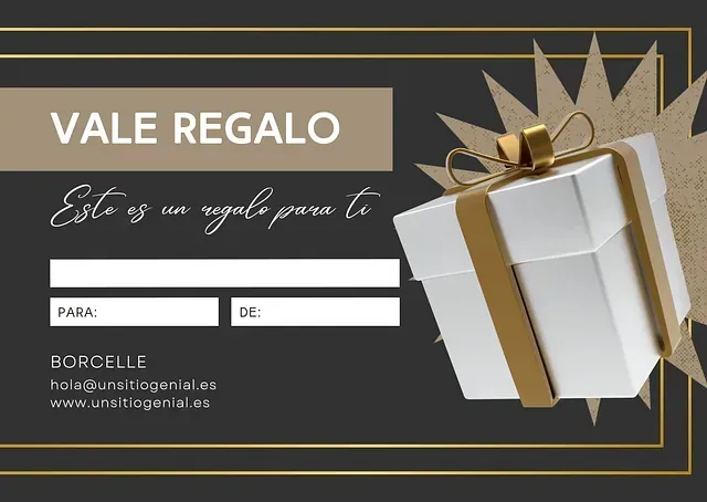 Certificado de regalo con caja de regalo blanca y detalles dorados sobre fondo oscuro.