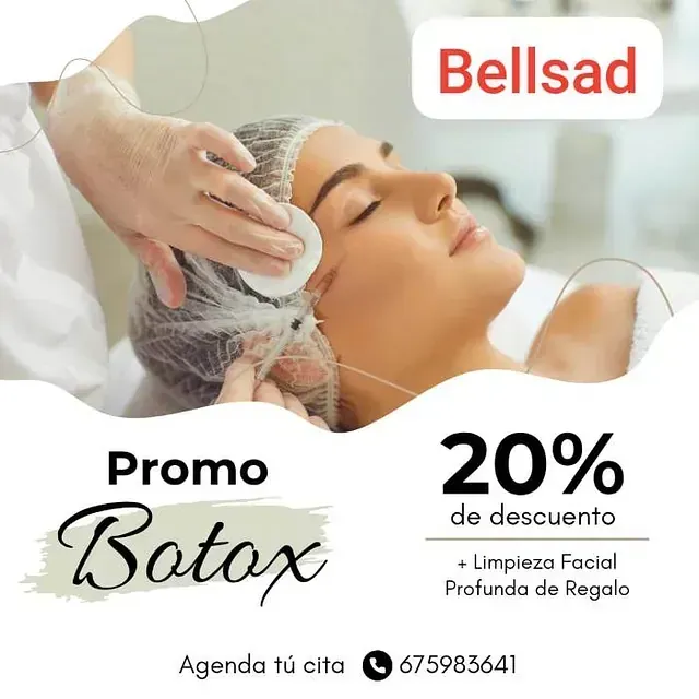 Anuncio: Mujer recibiendo tratamiento de bótox. Promoción: 20% de descuento + limpieza facial profunda gratis.