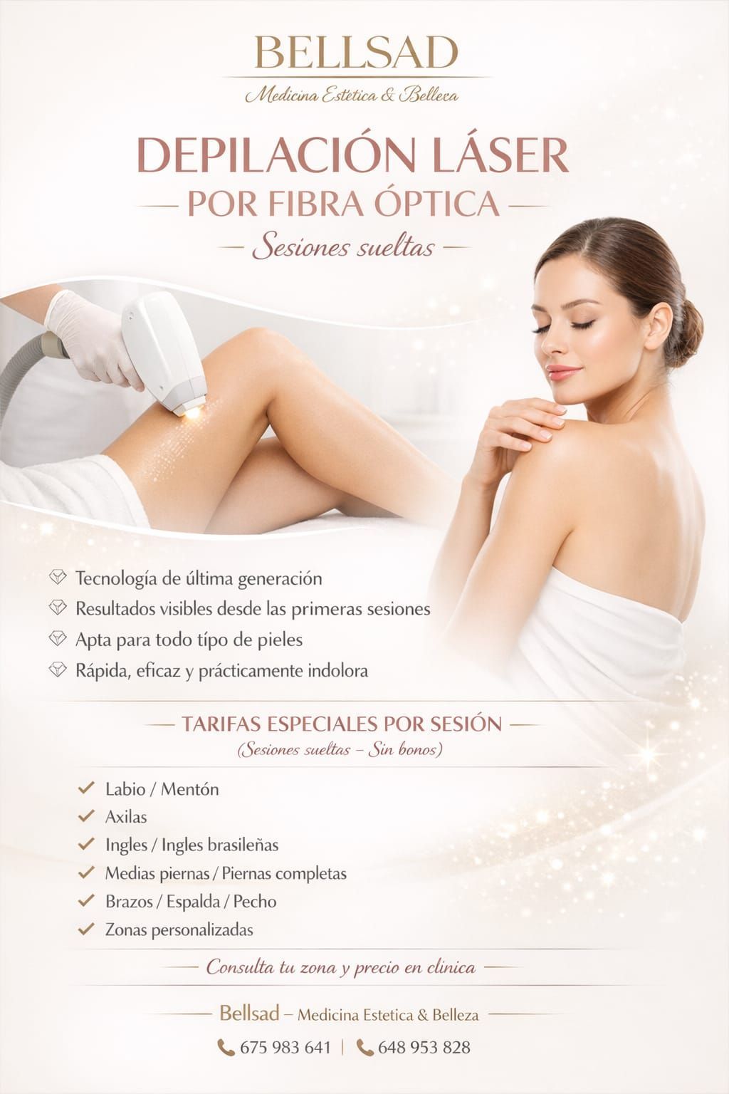 Anuncio de depilación láser. Una persona recibe tratamiento láser en la pierna. Se ofrecen tarifas especiales por sesión.