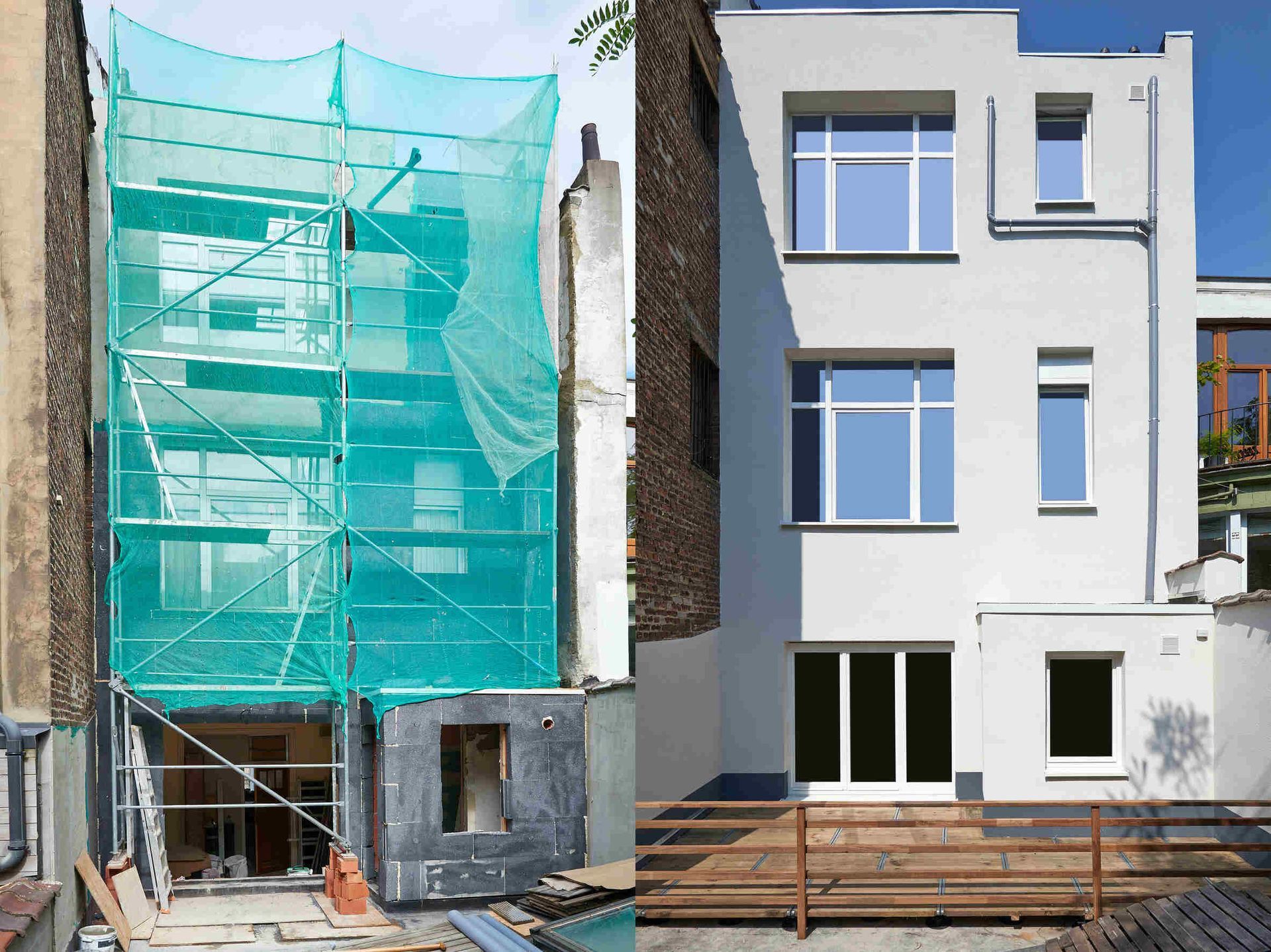 Una fotografía del antes y el después de un edificio en construcción.