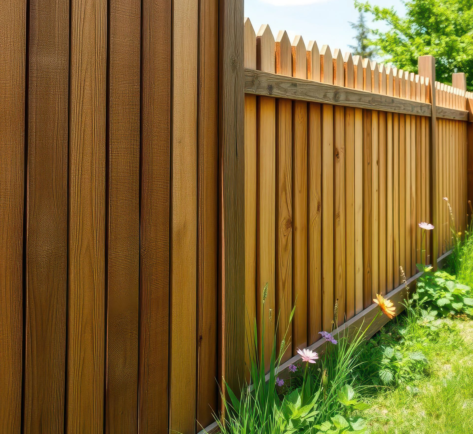 Clôture en bois, séparant une cour gazonnée et fleurie.