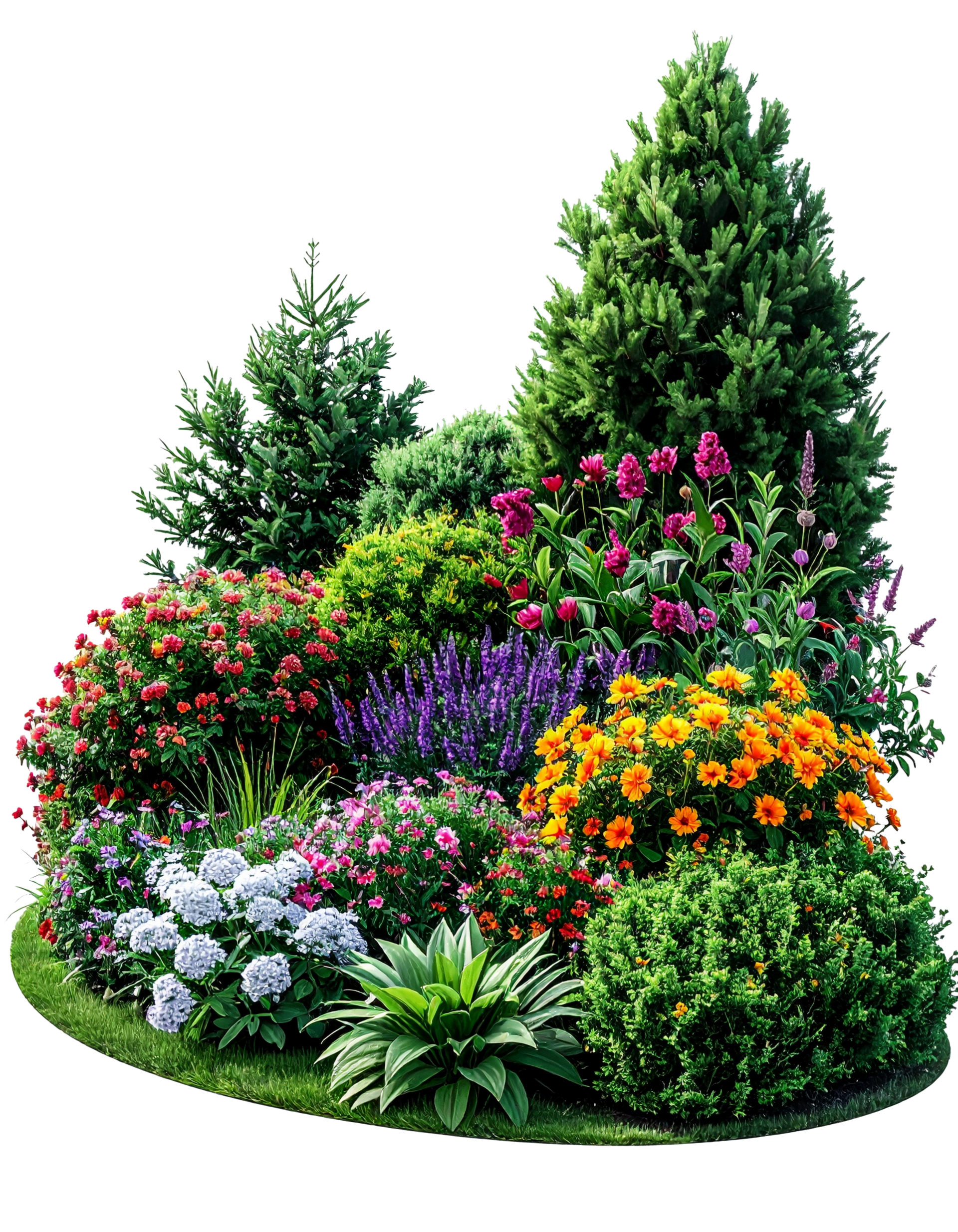 Jardin fleuri et coloré avec divers plantes à fleurs et arbustes verts.