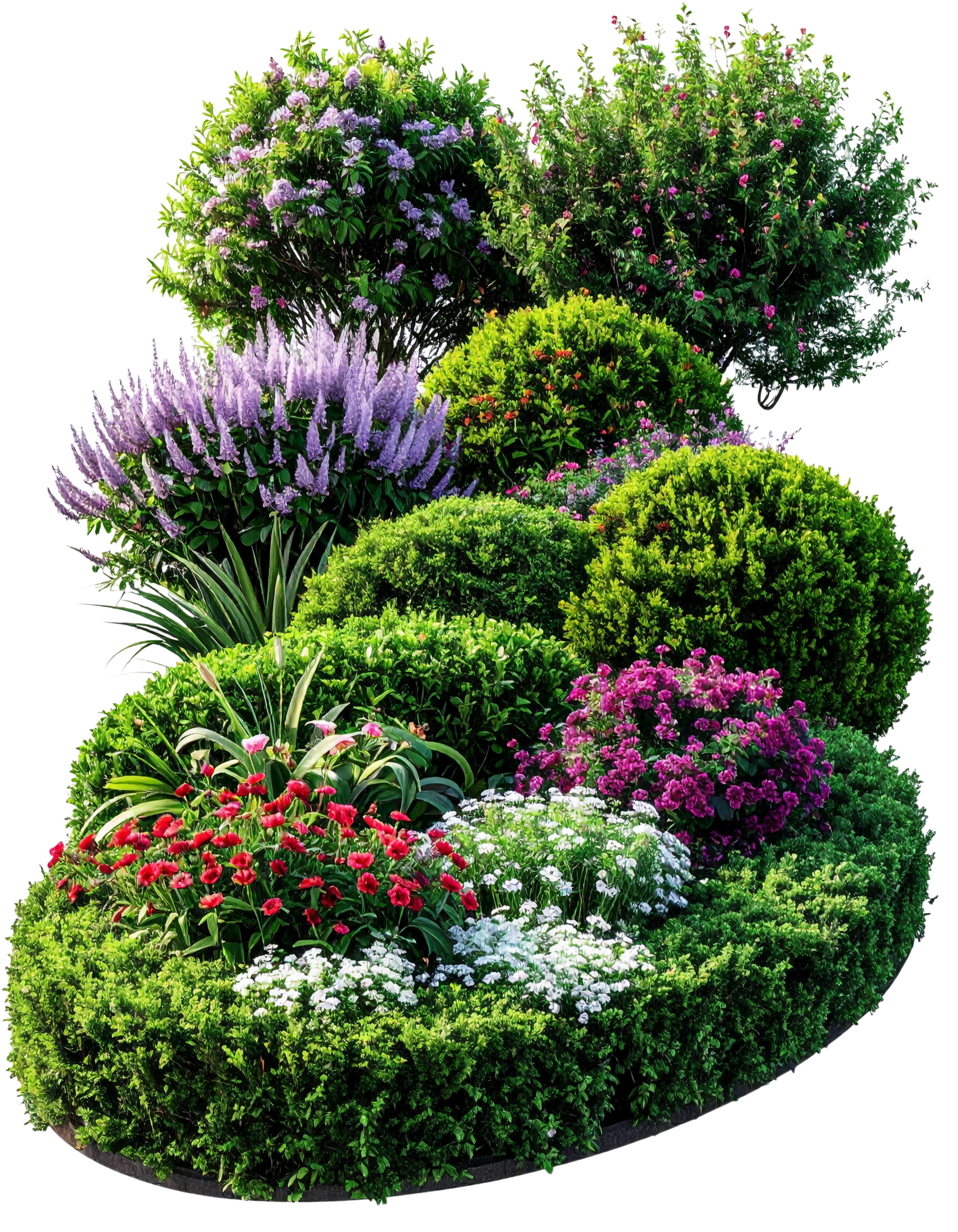 Un parterre de jardin ovale et coloré, débordant de buissons verts et de plantes à fleurs variés.