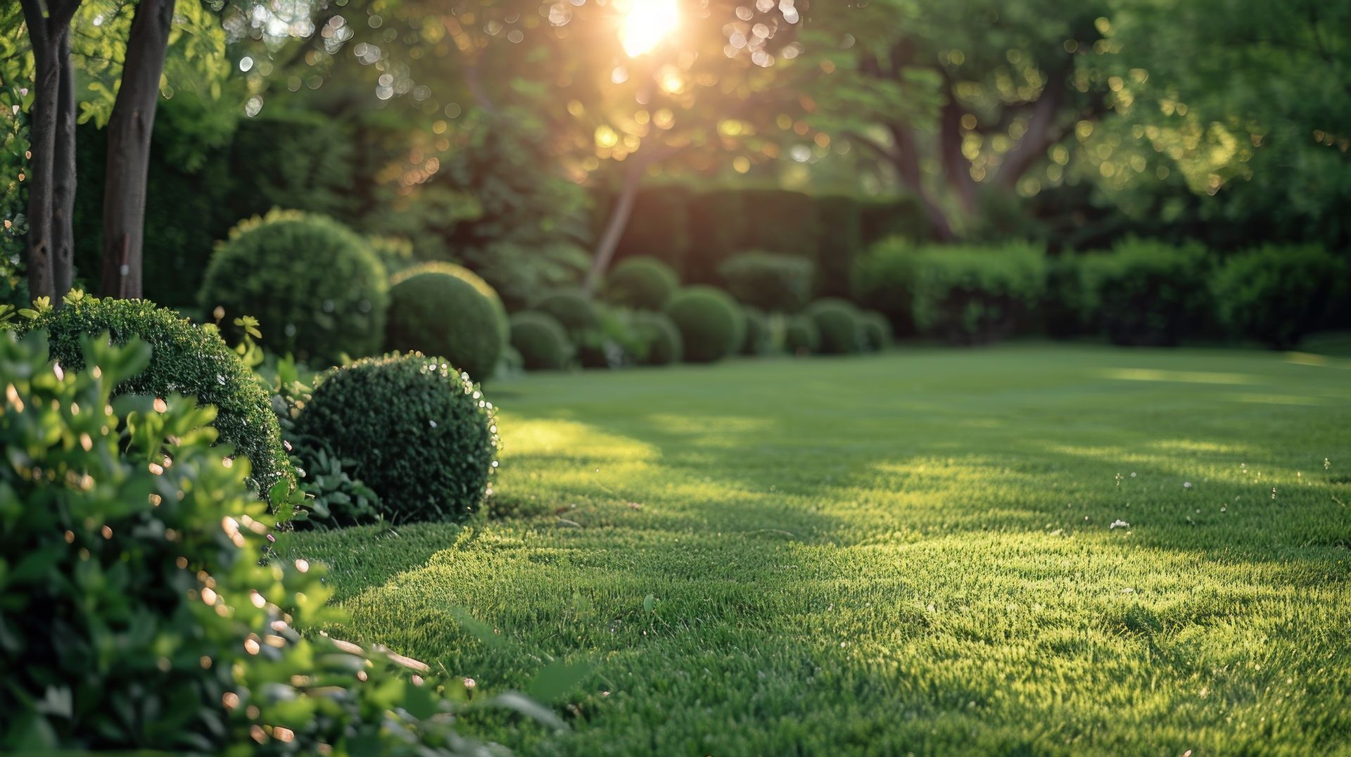 Pelouse verdoyante luxuriante dans un jardin, avec des buissons sphériques et la lumière du soleil filtrant à travers les arbres en arrière-plan.