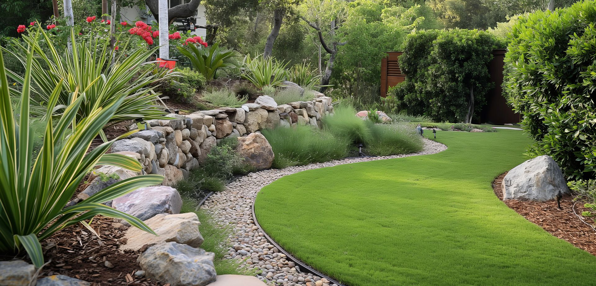 Une pelouse verdoyante, luxuriante et sinueuse, bordée d'un jardin et d'un chemin de gravier, le tout entouré de verdure.