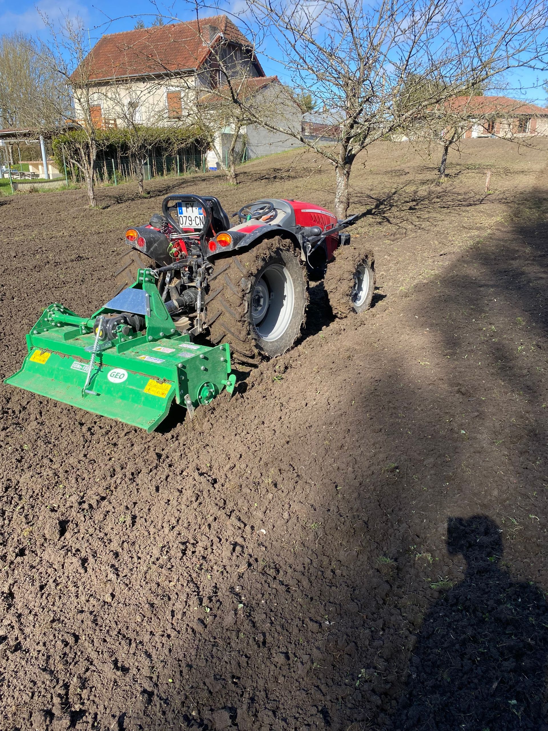 Une personne plante un petit arbre dans un jardin, à l'aide d'une pelle et portant des gants vert et noir.