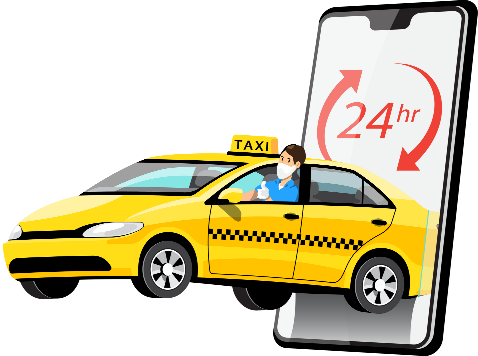 Taxi jaune avec chauffeur portant un masque à côté d'un smartphone affichant 24 heures.