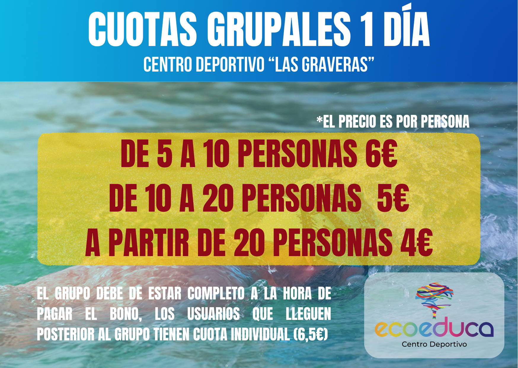 A sign that says cuotas grupales 1 dia on it
