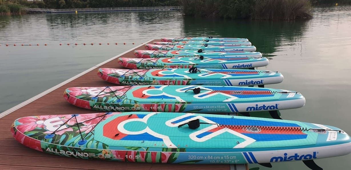 Una fila de tablas de remo están alineadas en un muelle al lado de un cuerpo de agua.