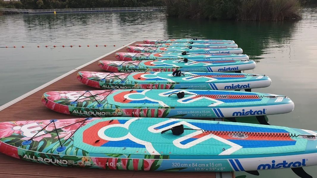 Una fila de tablas de surf están alineadas en un muelle al lado de un cuerpo de agua.