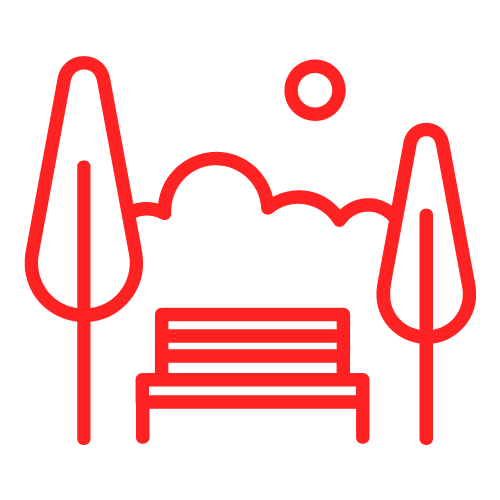 Un icono de línea roja de un parque con árboles y un banco.