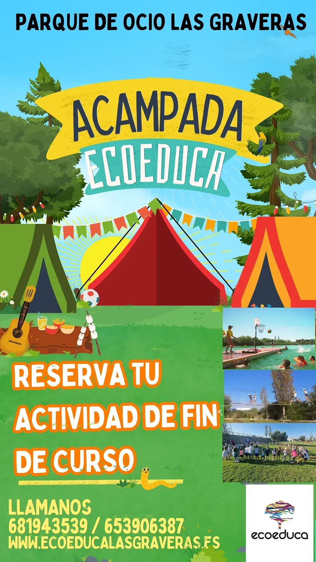Un cartel con una tienda de campaña y una guitarra.