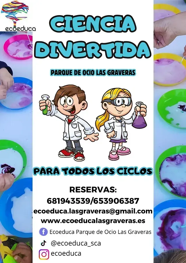 Un cartel de Ciencia Divertida muestra a un niño y una niña sosteniendo vasos de precipitados.