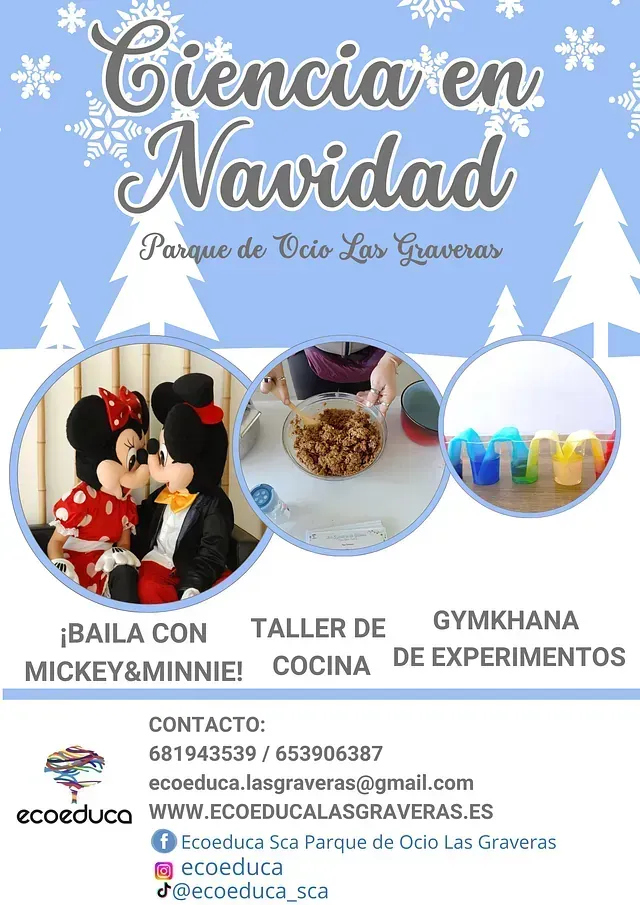 Un cartel de Ciencia en Navidad con Mickey y Minnie Mouse.