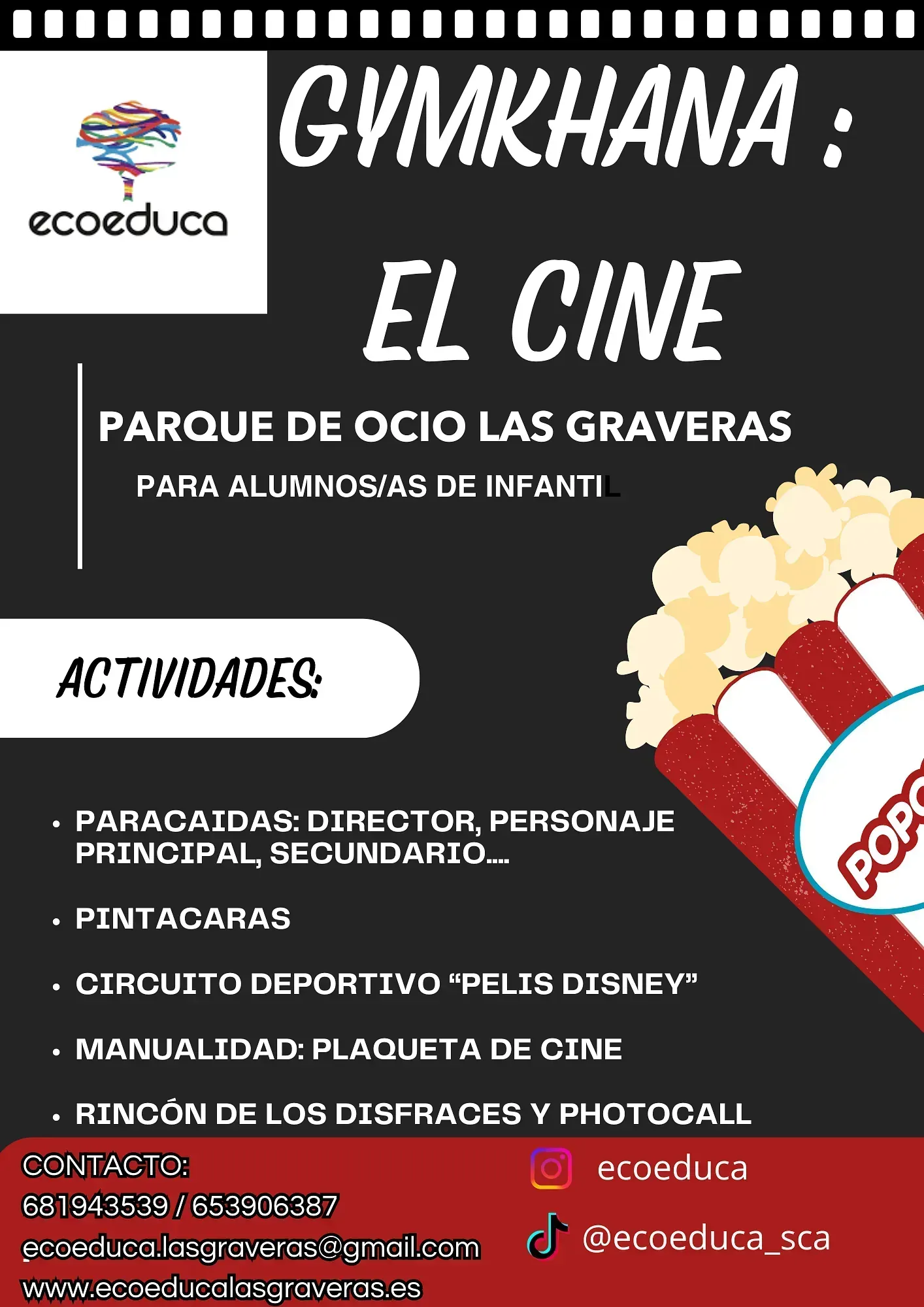 Un cartel de Gymkhana El Cine muestra un cubo de palomitas de maíz sobre un fondo negro.