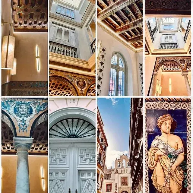 Un collage de fotografías de edificios y una mujer.