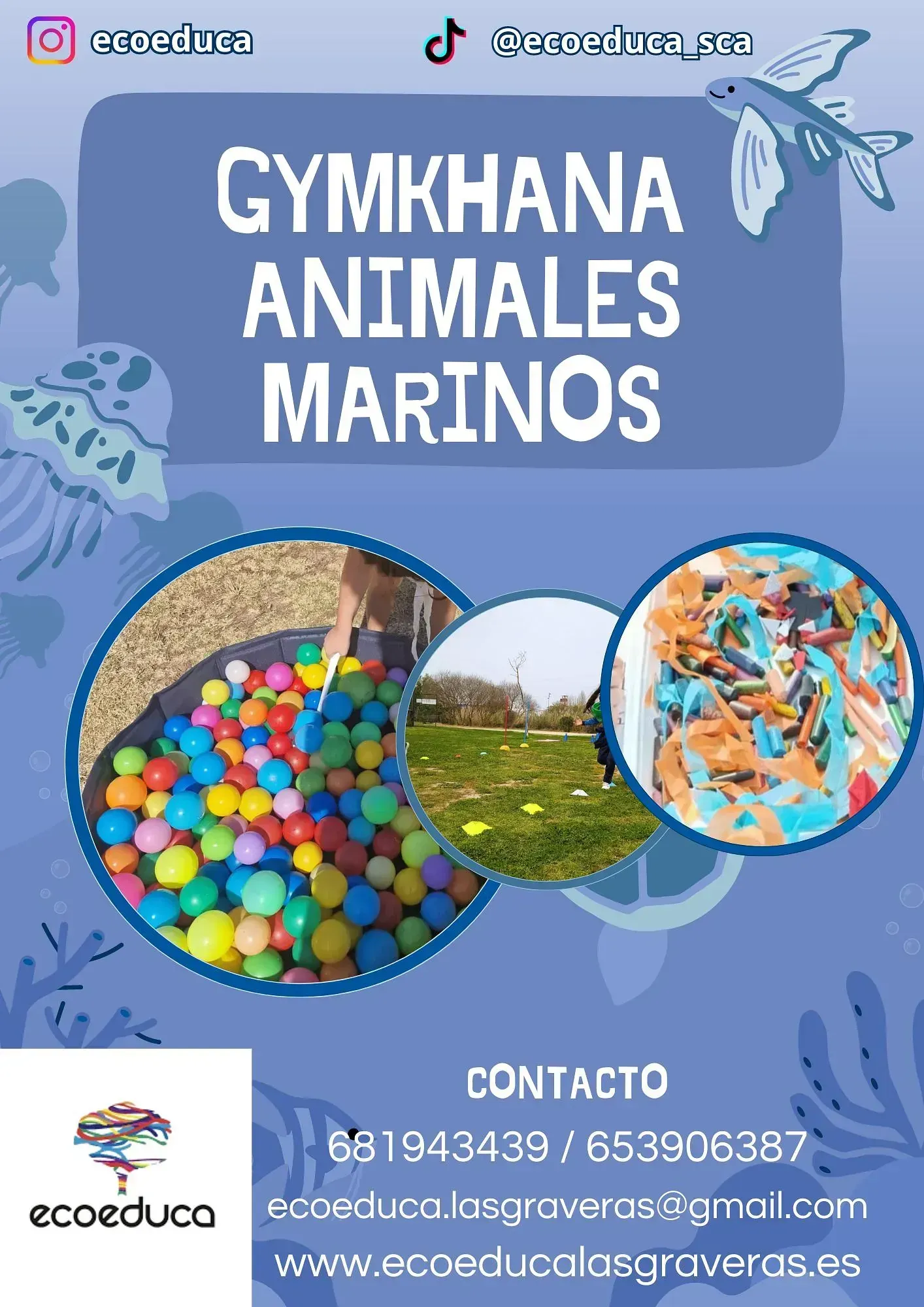 Un anuncio de Gymkhana Animales Marinos muestra un cubo de bolas de colores.