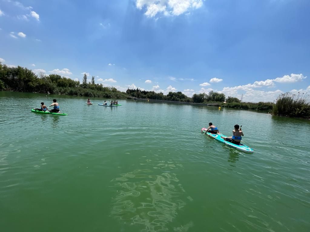 Un grupo de personas están montando tablas de remo en un lago.