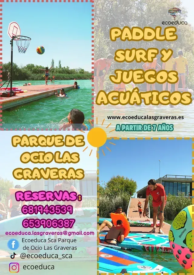 A poster for paddle surf and juegos acuaticos.