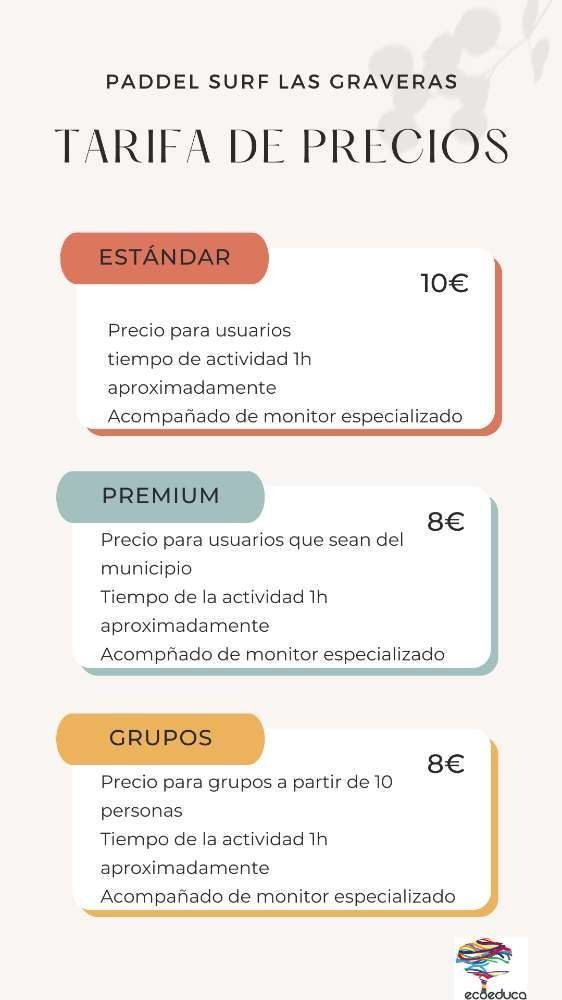 Un cartel que muestra los precios del paddel surf en español.