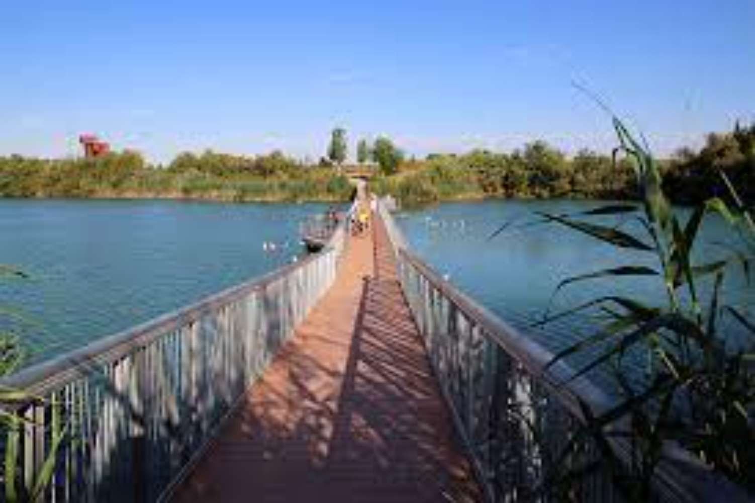 Un puente sobre un lago con gente caminando sobre él.