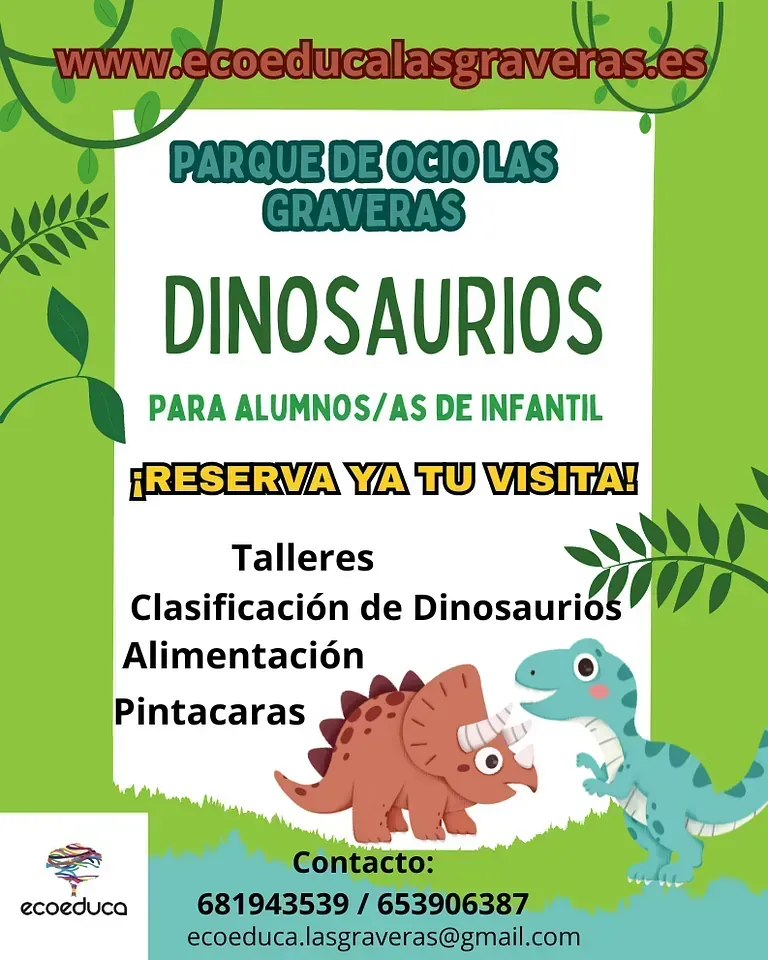 Un cartel verde y blanco con dinosaurios.