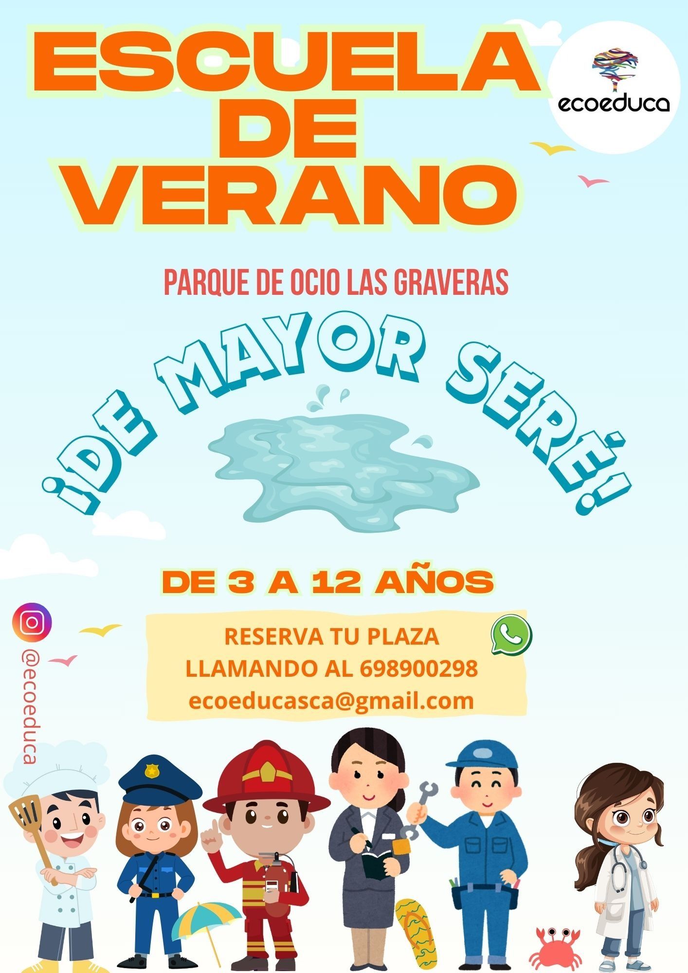 Un cartel para la escuela de verano con personajes de dibujos animados de diferentes ocupaciones.