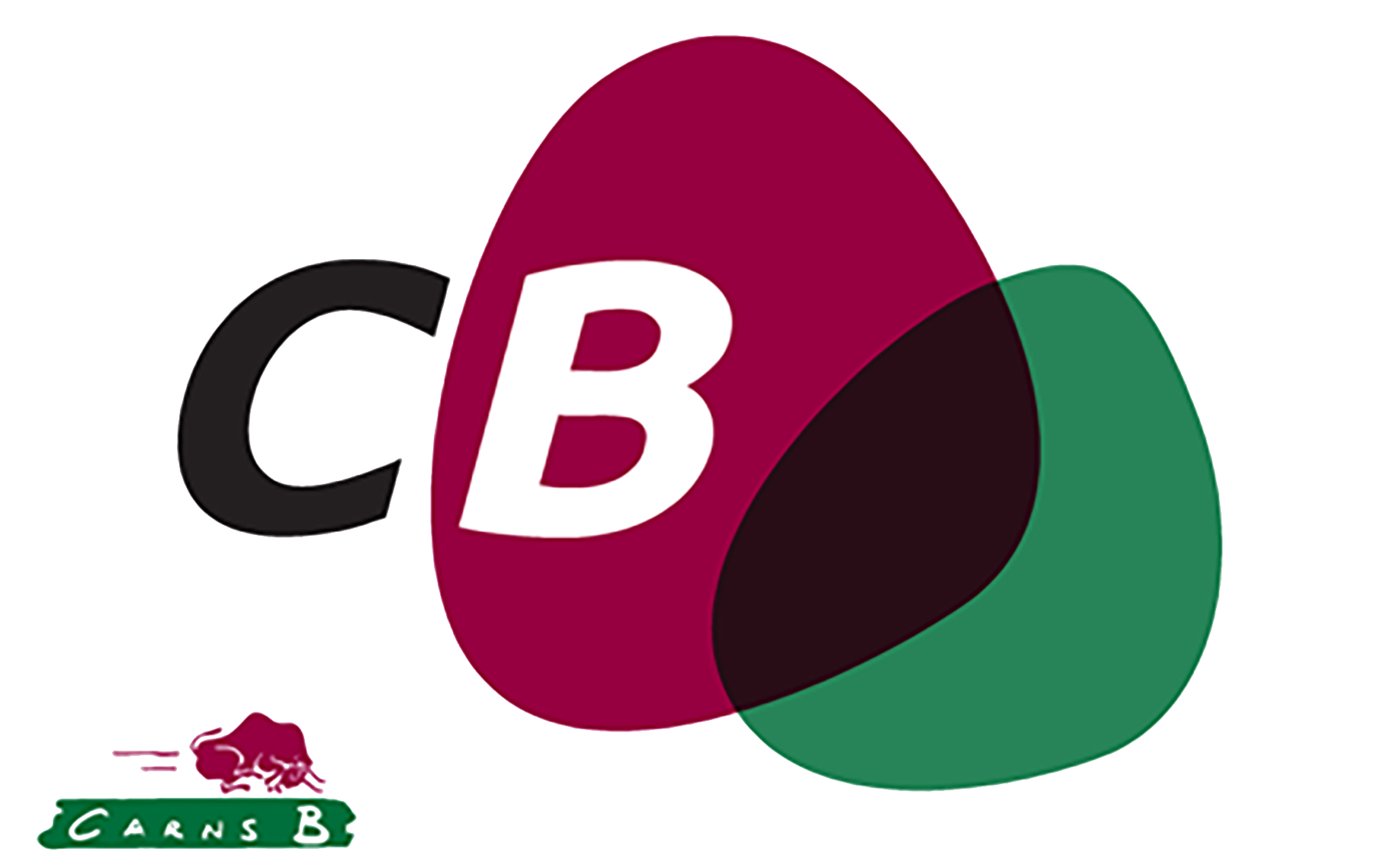 Logotipo de CB con formas superpuestas en negro, magenta y verde y el pequeño texto “CAANS B” debajo.