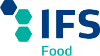 Logotipo de IFS Food en azul y turquesa con icono hexagonal y la palabra “Food” debajo.