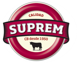 Logotipo de Suprem Dairy en rojo y blanco con silueta de vaca y texto “Calidad” y “CB desde 1950”.