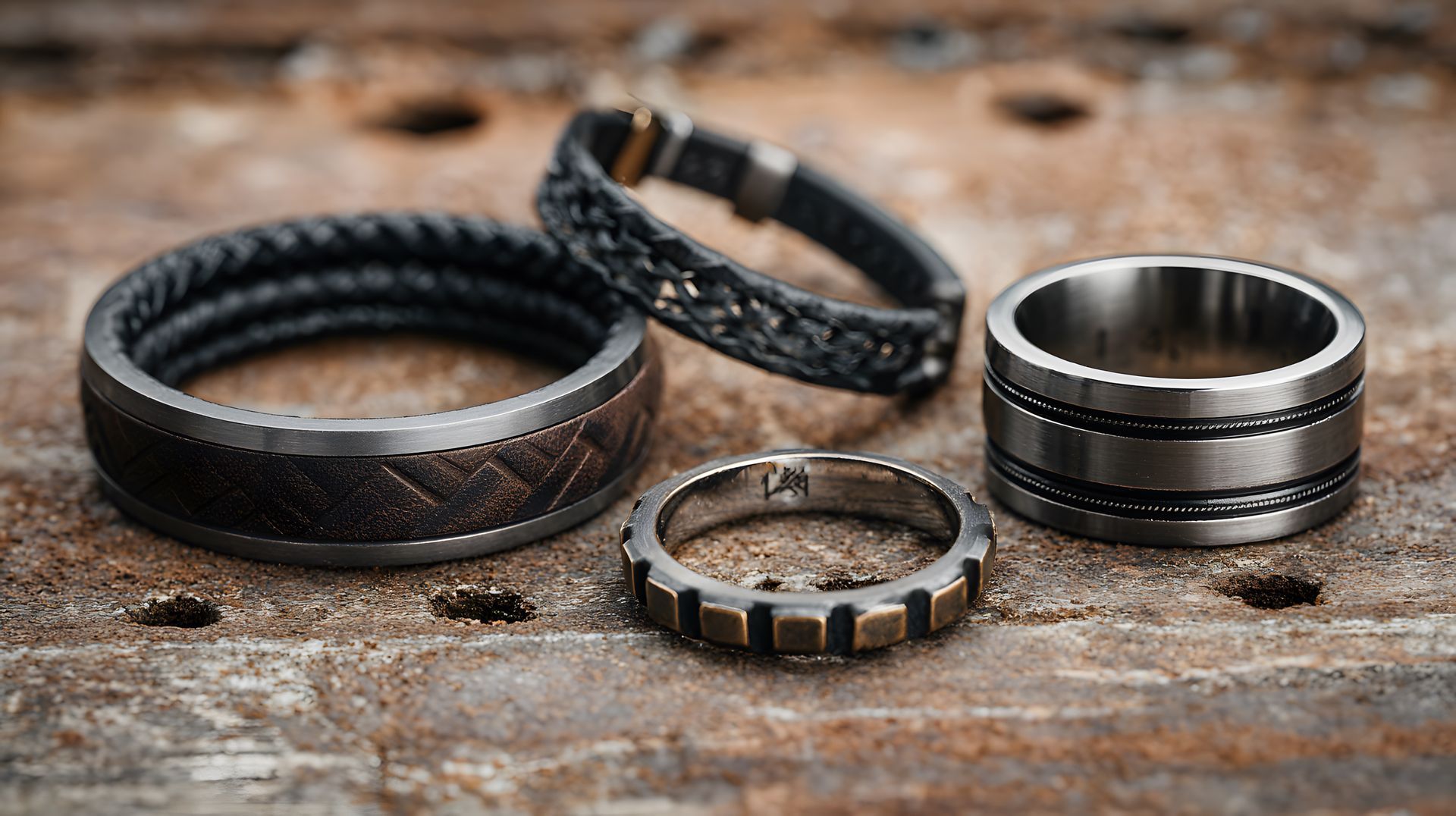 Vier Metallringe und ein Lederarmband auf einer rustikalen, verwitterten Metalloberfläche.