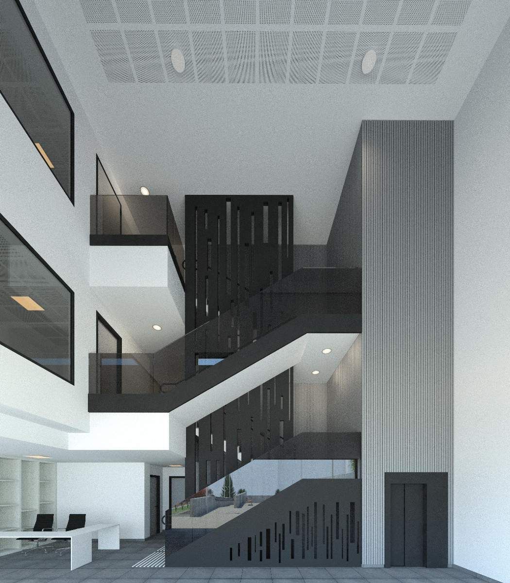 Interior moderno con atrio, escaleras negras, paredes blancas, grandes ventanales y techo alto.