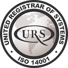 Logotipo de certificación URS ISO 14001 en gris y negro, con diseño de globo circular y texto “United Registrar of Systems”.