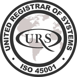 Logotipo circular en blanco y negro de URS United Registrar of Systems ISO 45001 con fondo de globo terráqueo.