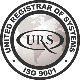 Logotipo de certificación ISO 9001 del Registro Unido de Sistemas en negro y gris.