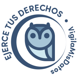 Logo circular azul con búho y el texto “EJERCE TUS DERECHOS · ¡Vigila, participa!”.