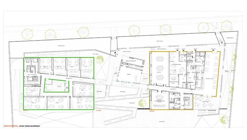Plano arquitectónico con dos secciones resaltadas en verde y amarillo.