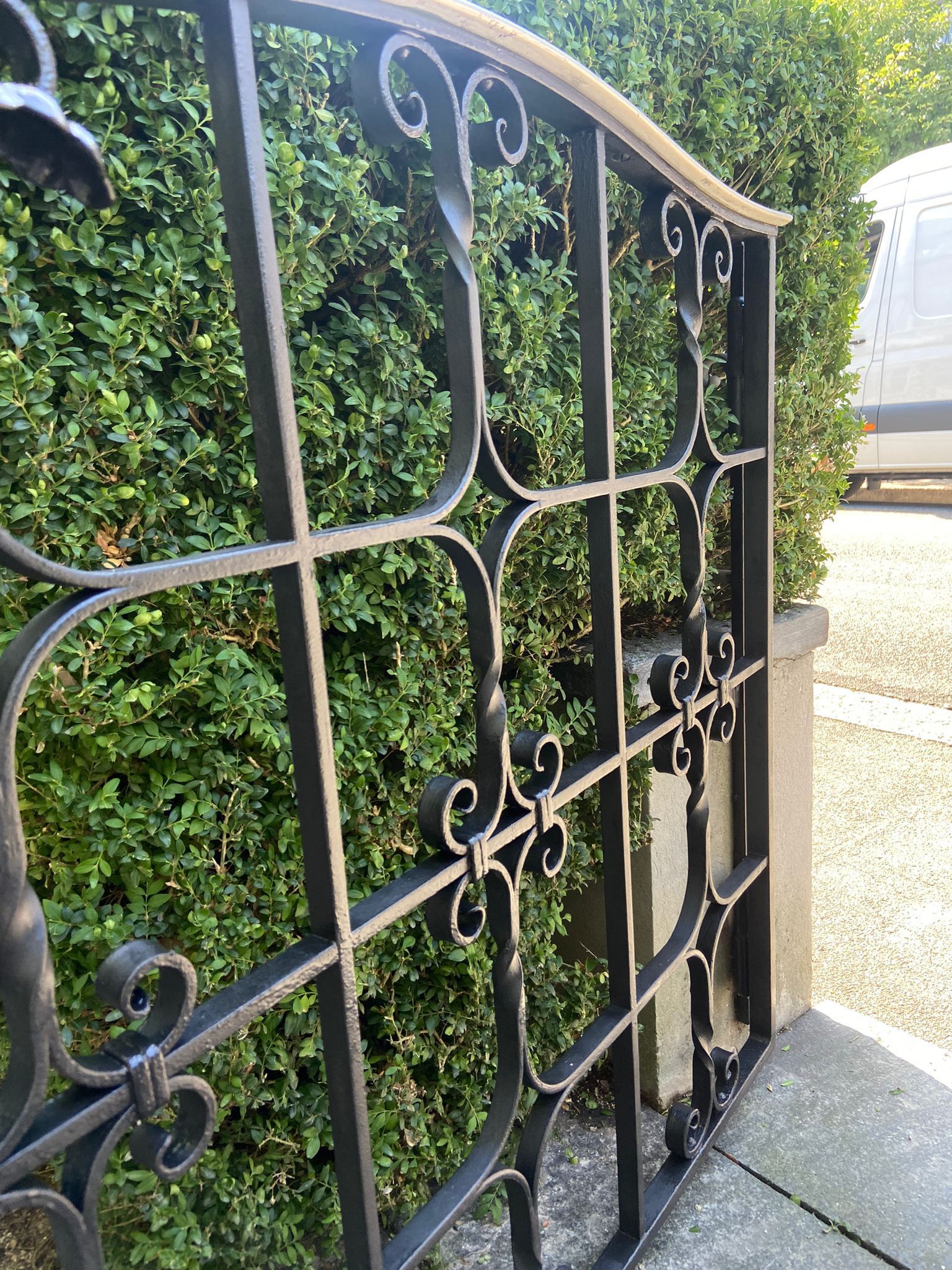 Eine Nahaufnahme eines schmiedeeisernen Tores mit einem Busch im Hintergrund.