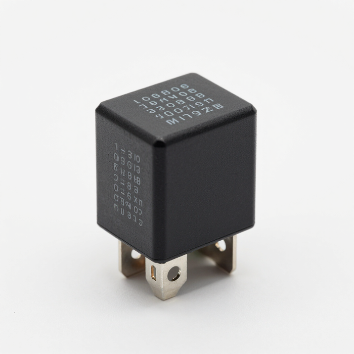 Relais électrique cubique noir avec broches métalliques sur fond blanc
