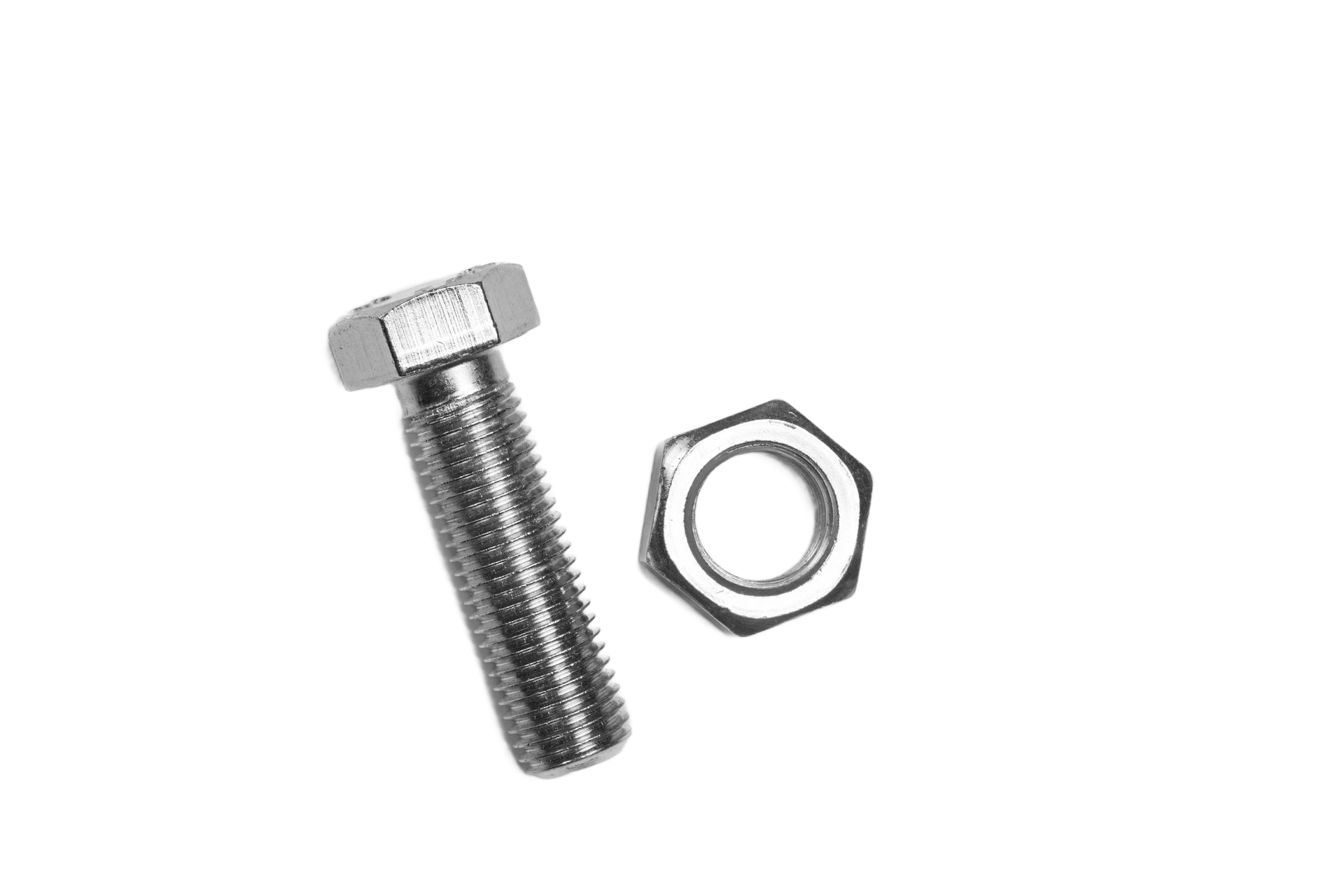Boulon hexagonal argenté et écrou hexagonal assorti sur fond blanc