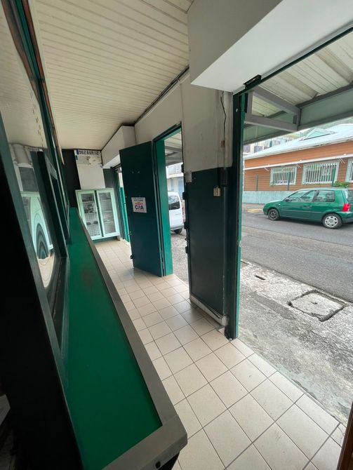 Allée couverte avec portes vertes, sol carrelé et voiture verte garée à l'extérieur.