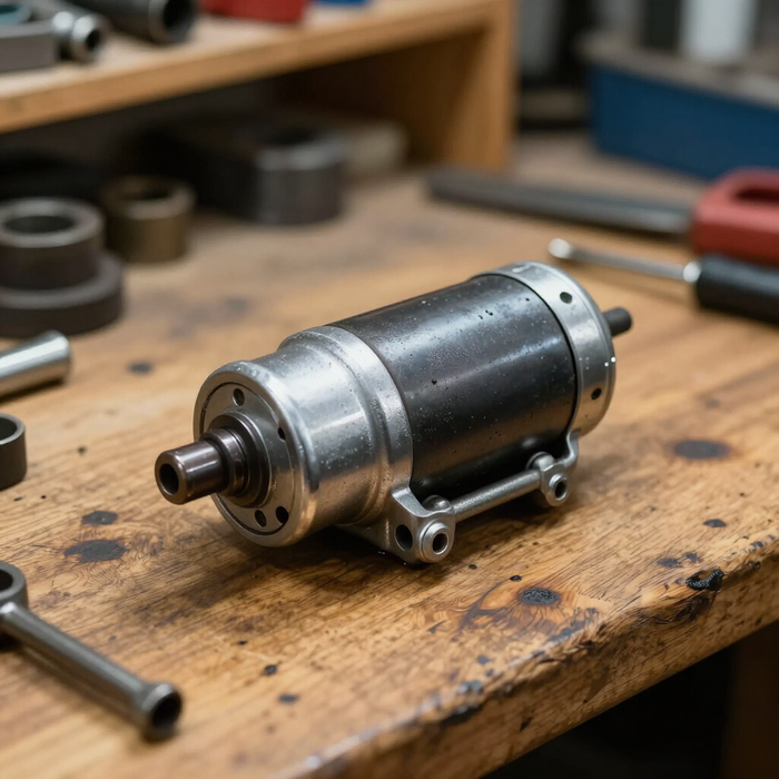 Petit moteur électrique en métal sur un établi en bois usé, avec des outils et des pièces détachées en arrière-plan.