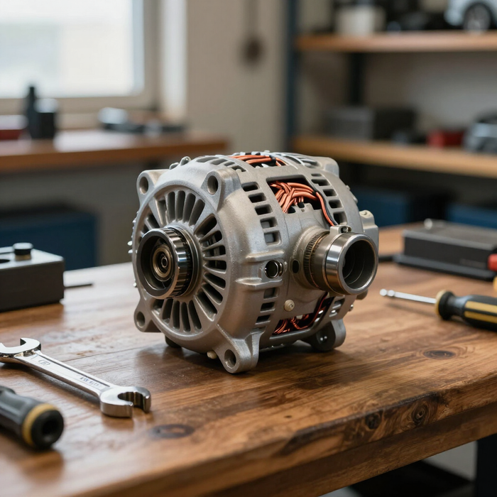 Alternateur automobile sur un établi en bois avec des outils dans un atelier