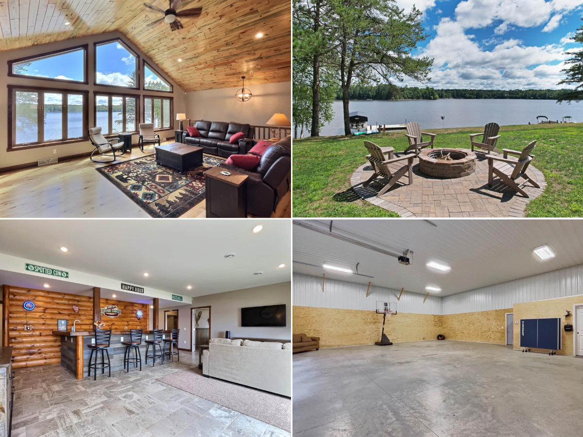 Four interior and exterior photos of a lake house, including a living room, lakeside yard with a fire pit, bar area, and garage.