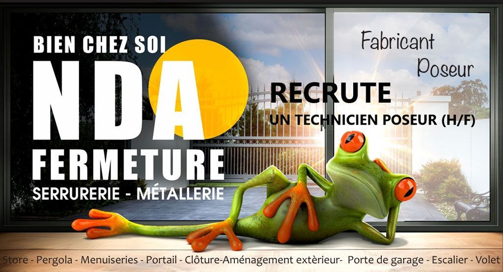Annonce : NDA Fermeture recherche technicien. Grenouille verte allongée. Cercle jaune derrière le texte NDA en gros caractères.