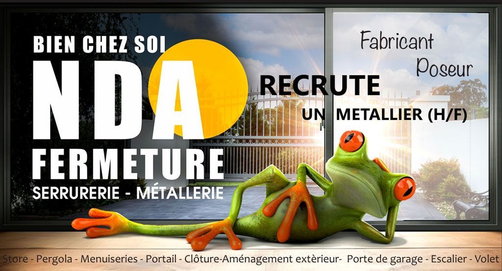 Annonce pour NDA Fermeture : recherche un métallurgiste. Une grenouille se prélasse près du texte.