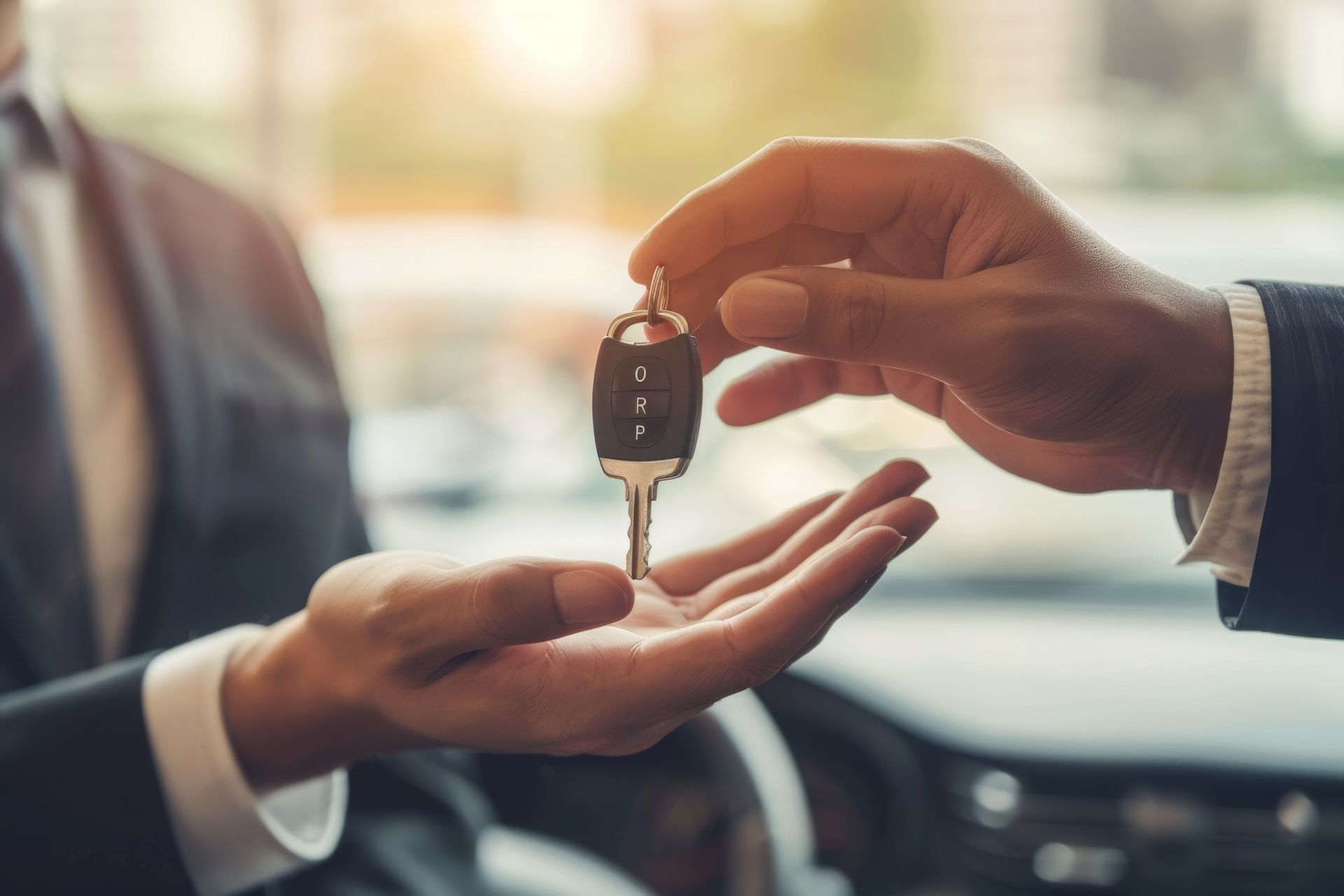 Mains d'hommes en costumes s'échangeant une clé de voiture