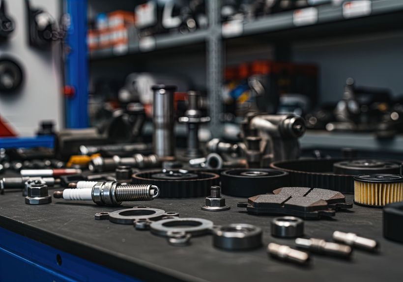 Pièces détachées pour automobiles étendues sur une table